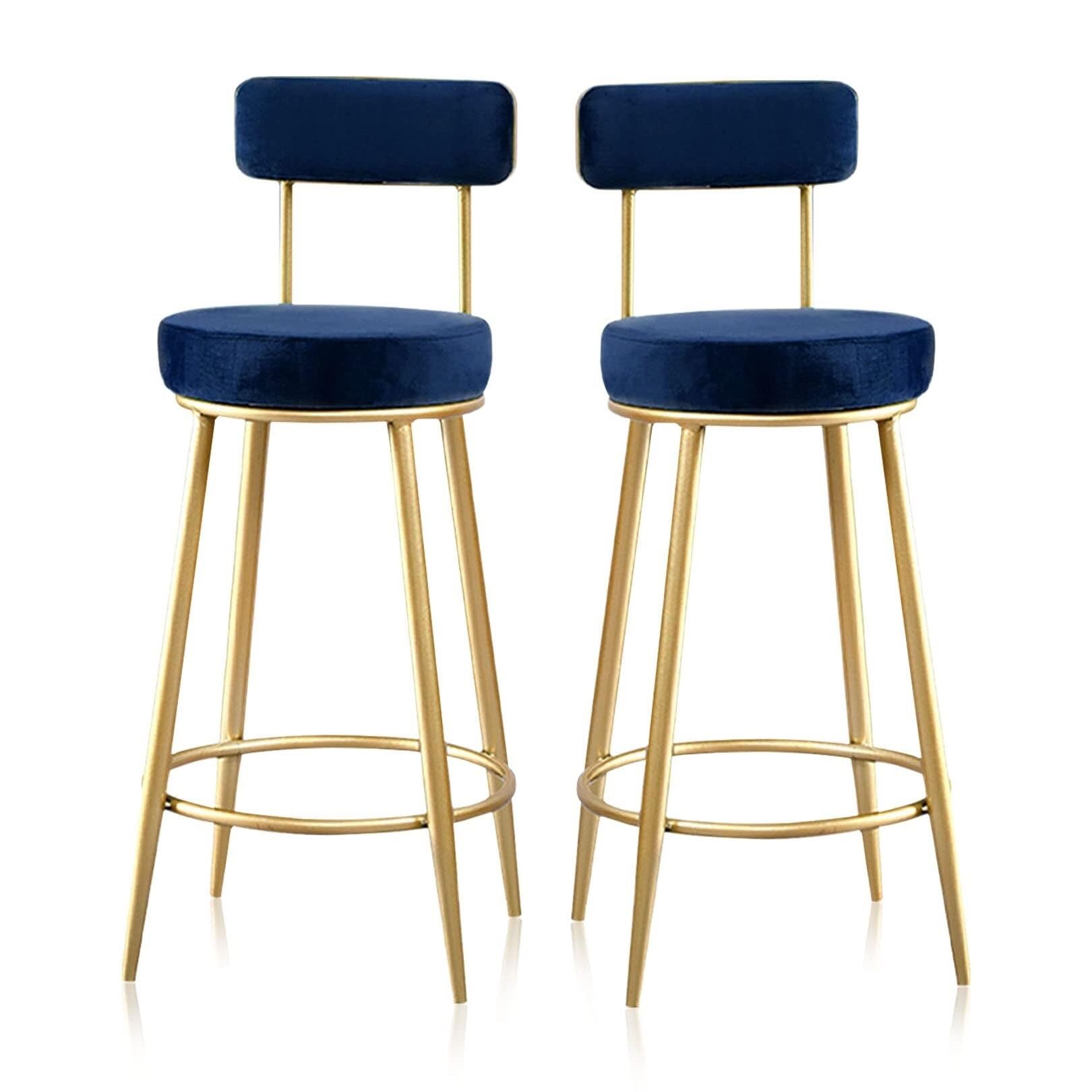 Velvet Barstools Set of 2, 25.6" Modern Kithchen Barstools Breakfast Chair Tall Stool with Back and Gold Base for Kitchen Dining Room(Blue)