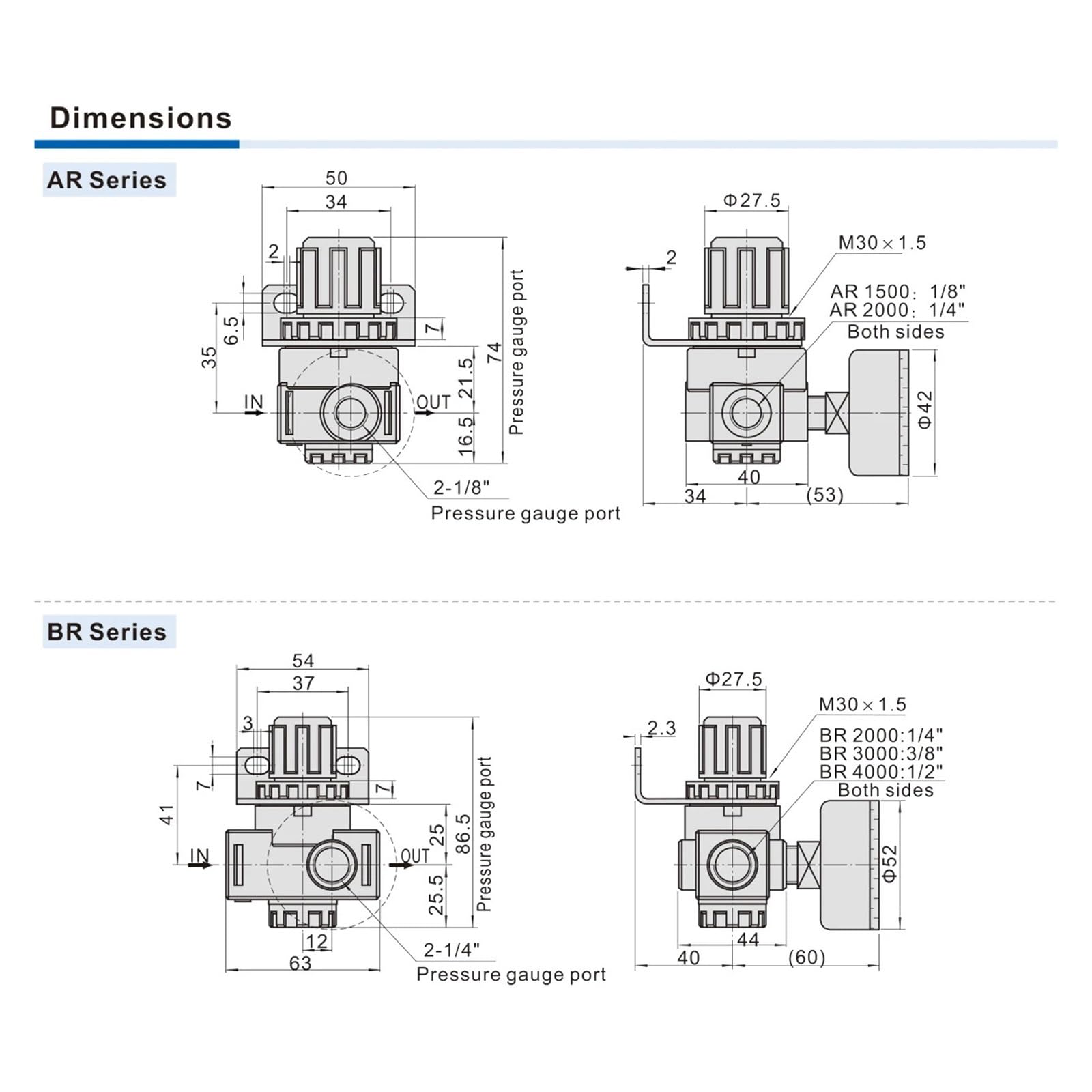AR2000 BR2000 BR3000 BR4000 pneumatyczna kontrola sprężarki regulator zaworu z manometrem 1/4(BR2000 PC8-02)