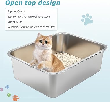 Stainless Steel Cat Litter Box Large Stainless Steel Box, Anti-Rust, Non-Stick, Easy to Clean, Odor-Resistant Durable Metal Litter Pan for Cats & Kittens,Rabbit,Dog(17.5 L x 13.6 W x 6 H)