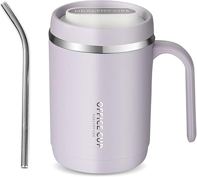 AGSYFFD 17oz insulated coffee cup with handle and straw, travel cup, stainless steel heat insulation, double-wall vacuum sealed coffee cup, with leak-proof cover purple