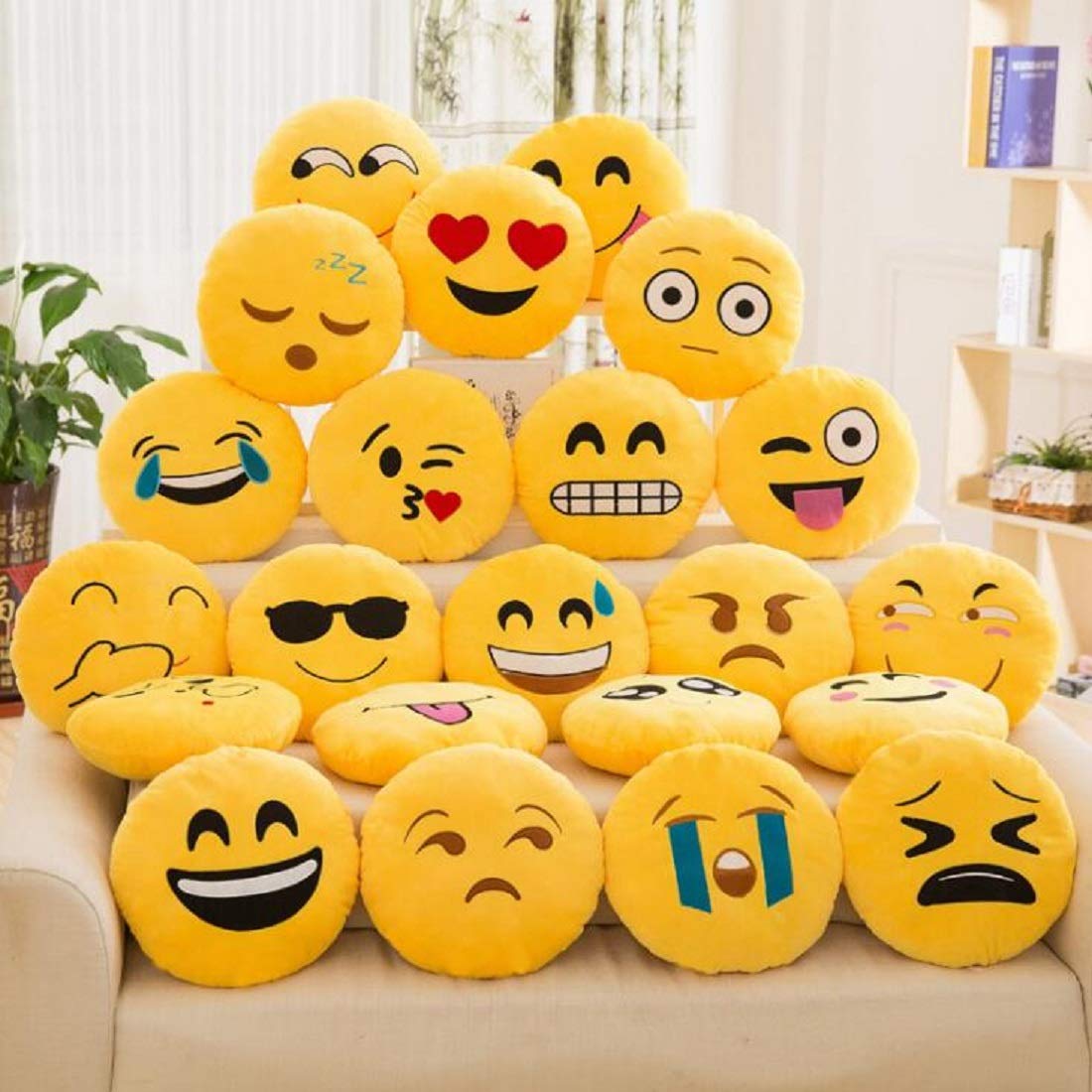 KIHOME Decorative Plush Emoji Pillow Soft Round Askance, Loving, Laugh, Crazy, Cool, Weepy, Angry, Grinning, Kiss, Sleeping, Foodie, Smiley (12x12 inches/30x30cm, Multicolor) - Pack of 10