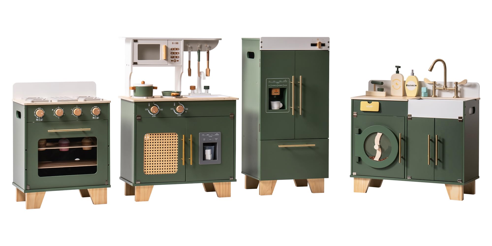 ROBOTIME Holzspielzeug Kühlschrank - Kinder Küchenspielset mit Eiswürfelausgabe & Zubehör, Spiel Kühlschrank für Jungen & Mädchen ab 3 Jahren, Spielküchen Geschenkset (Vintage Grün) | Kinderküche Zubehör mit Doppeltüren, Fächern und Spiellebensmitteln, Ge