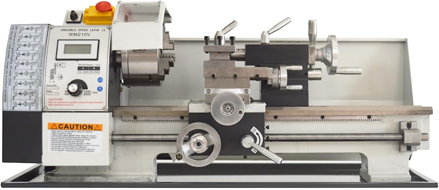 Mini Metal Lathe WM210V Metric Thread 900W Benchtop Metal Wood Horizontal Lathe 50-2500rpm Variable Speed 8"×16" Wood Horizontal Processer with Digital Display 110V