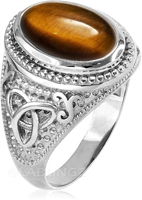 Sterling Silver Celtic Triquetra Band Tiger Eye Gemstone Mens Statement Ring 15.25