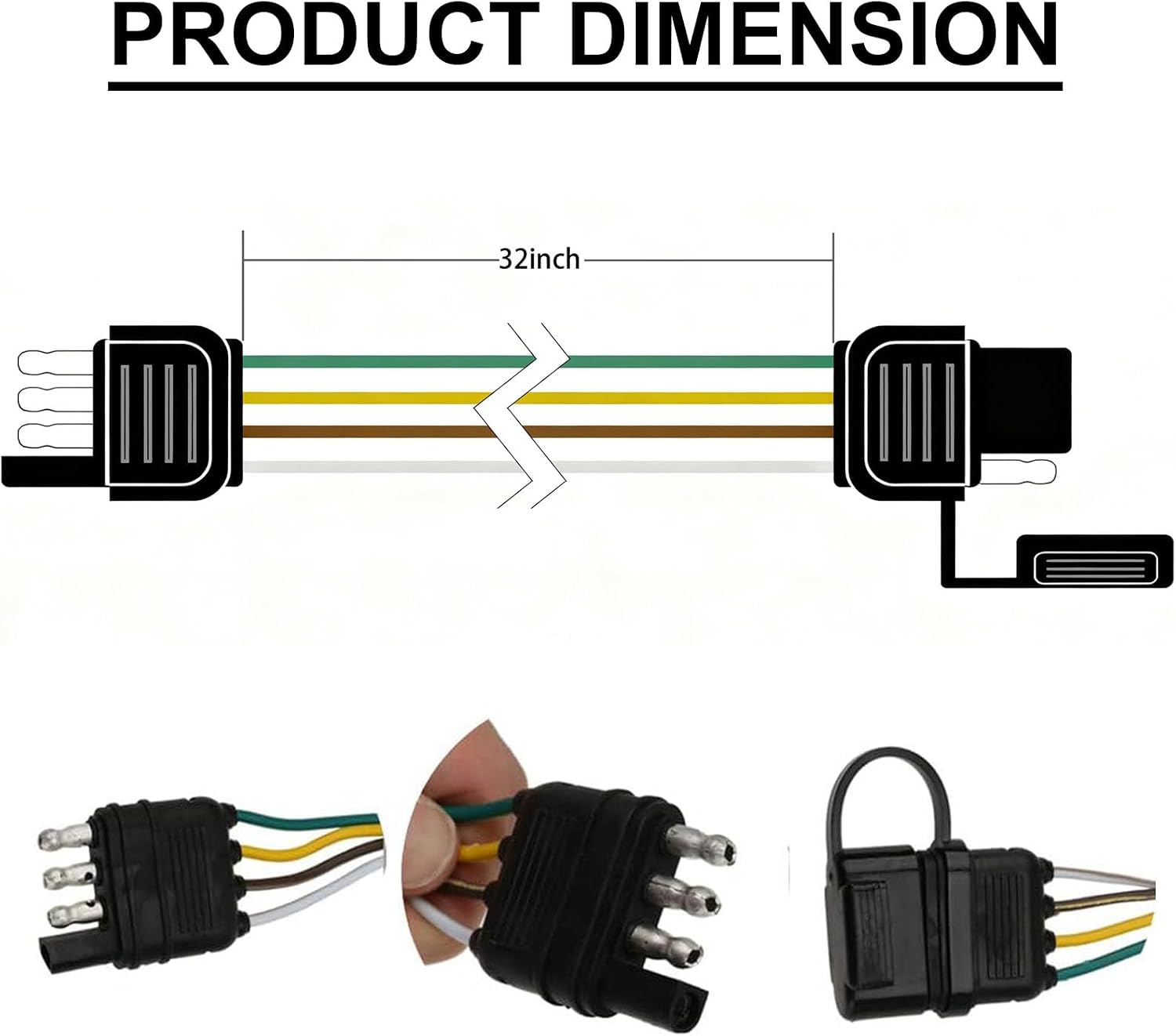 NEW SUN 4PCS 32" Long 4-Way Flat Wire Connector with Waterproof Cap, 4 Pin Trailer Extension Connector, Trailer Wiring Harness with Male and Female End for Trailer Hitch Wire, Truck, Rv, Bus