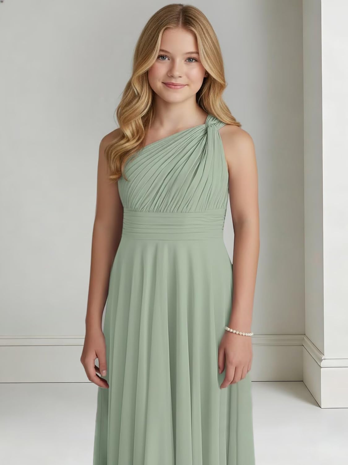 Chiffon Junior Bridesmaid Dresses for Teen Pleated One Shoulder Flower Girl Dress for Wedding Party Gown MV005