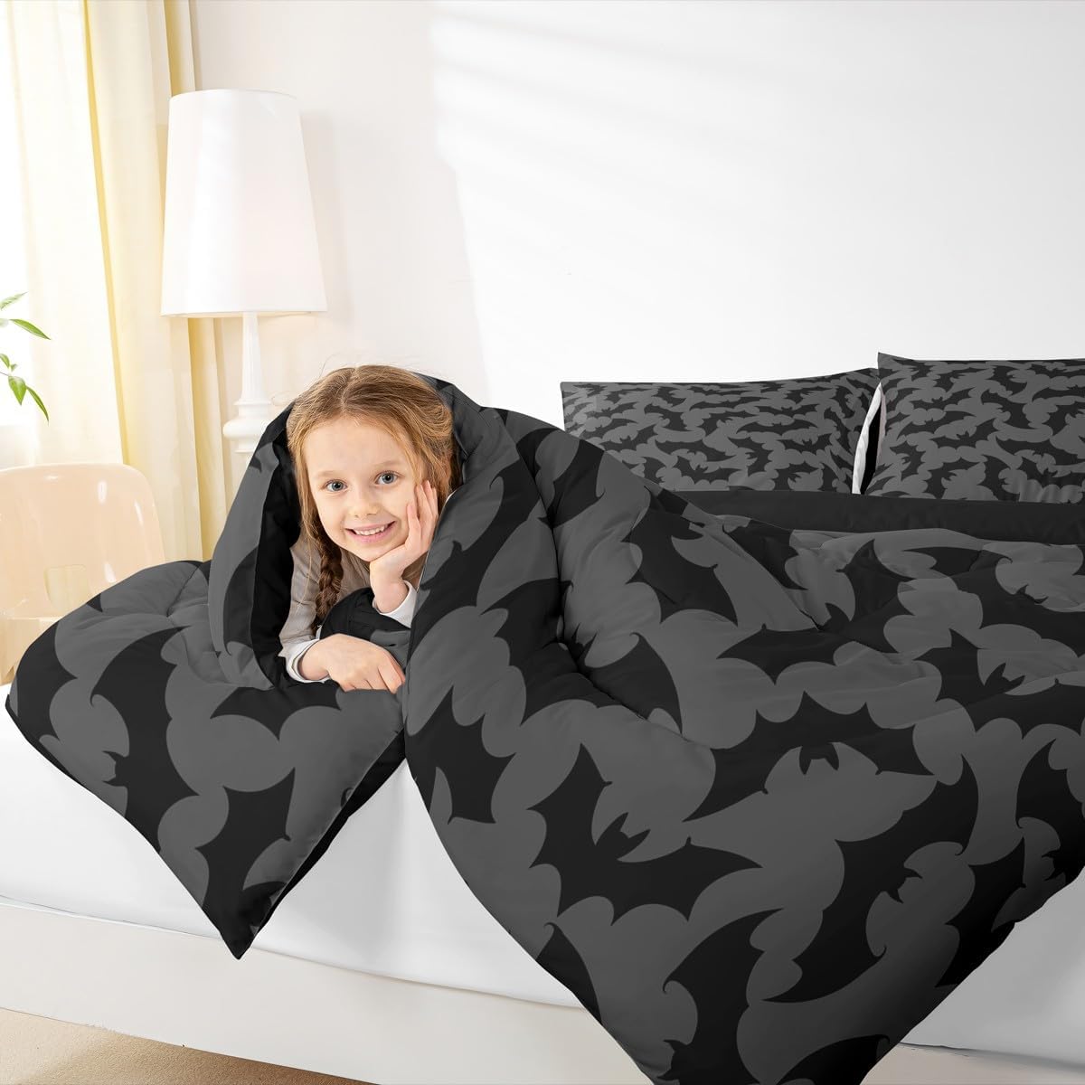 Feelyou Bat Comforter Set Queen Size Kids Happy Halloween Comforter for Boys Girls Bedding Set Trick or Treat Grey Duvet Set Room Decor Quilt Set, 1 Comforter+ 2 Pillow Shams