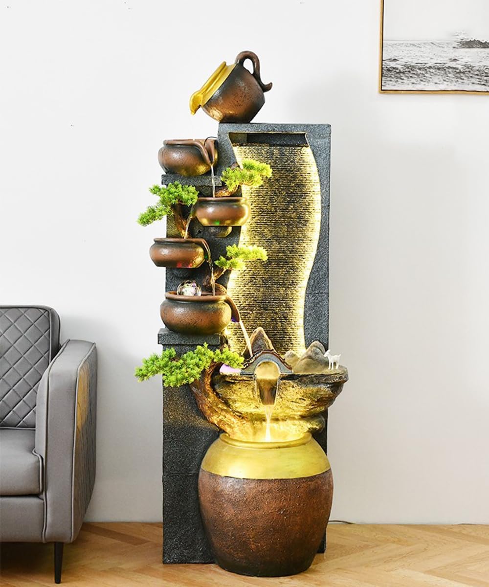 Rustic Pot Cascade Water Fountain with LED Lights and Bonsai Accents – Indoor/Outdoor Decorative Waterfall for Home, Garden, or Patio(2590)