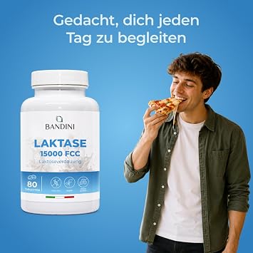 Bandini® Lactase DEPOT 15,000 FCC 80 tablets with immediate effect and long-term storage for 6 hours For lactose intolerance Digestive enzymes for dairy products 1 tablet/day for 80 days Stock