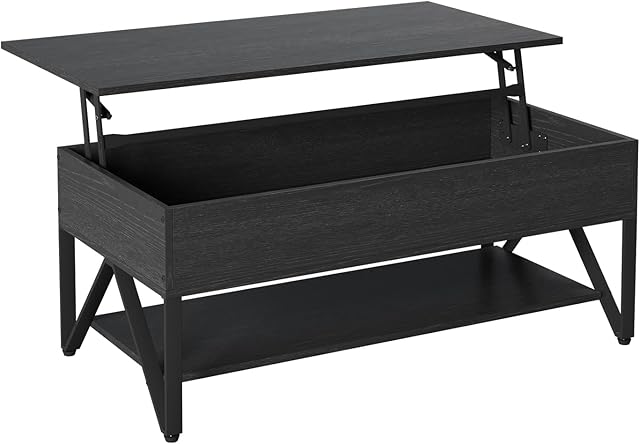 Novilla W-shape Lift Top Coffee Table with Large Hidden Storage, 3 Tier Tea Tables for Living Room, industrial Style Metal Frame, Adjustable table legs, Waterproof&Anti-scratch Desktop, Black