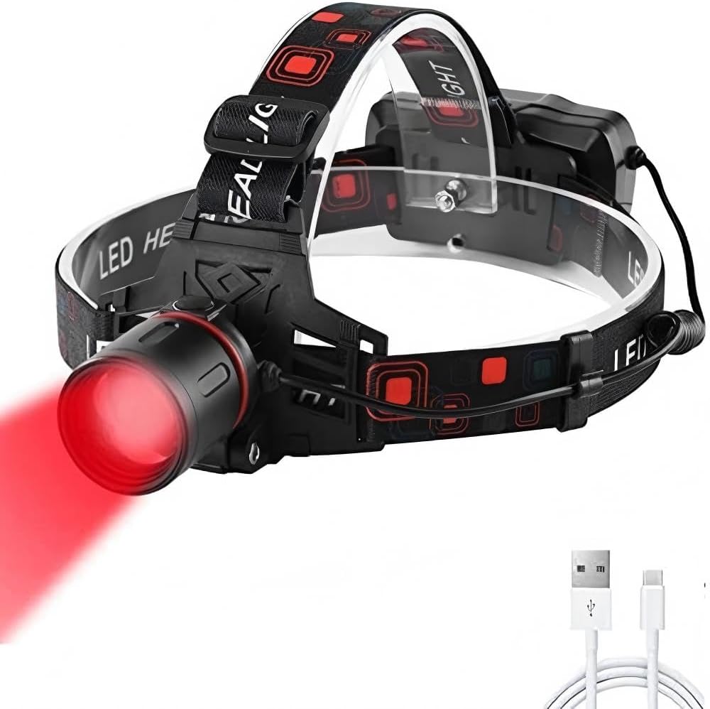 50000 Lumens Hunting Red Light Rechargeable Headlamp LED Tactical Head Lamp Super Bright Red Headlight Zoomable Waterproof 3 Modes Headlamps for Coyote Hog Astronomy Night Vision Aviation Fishing