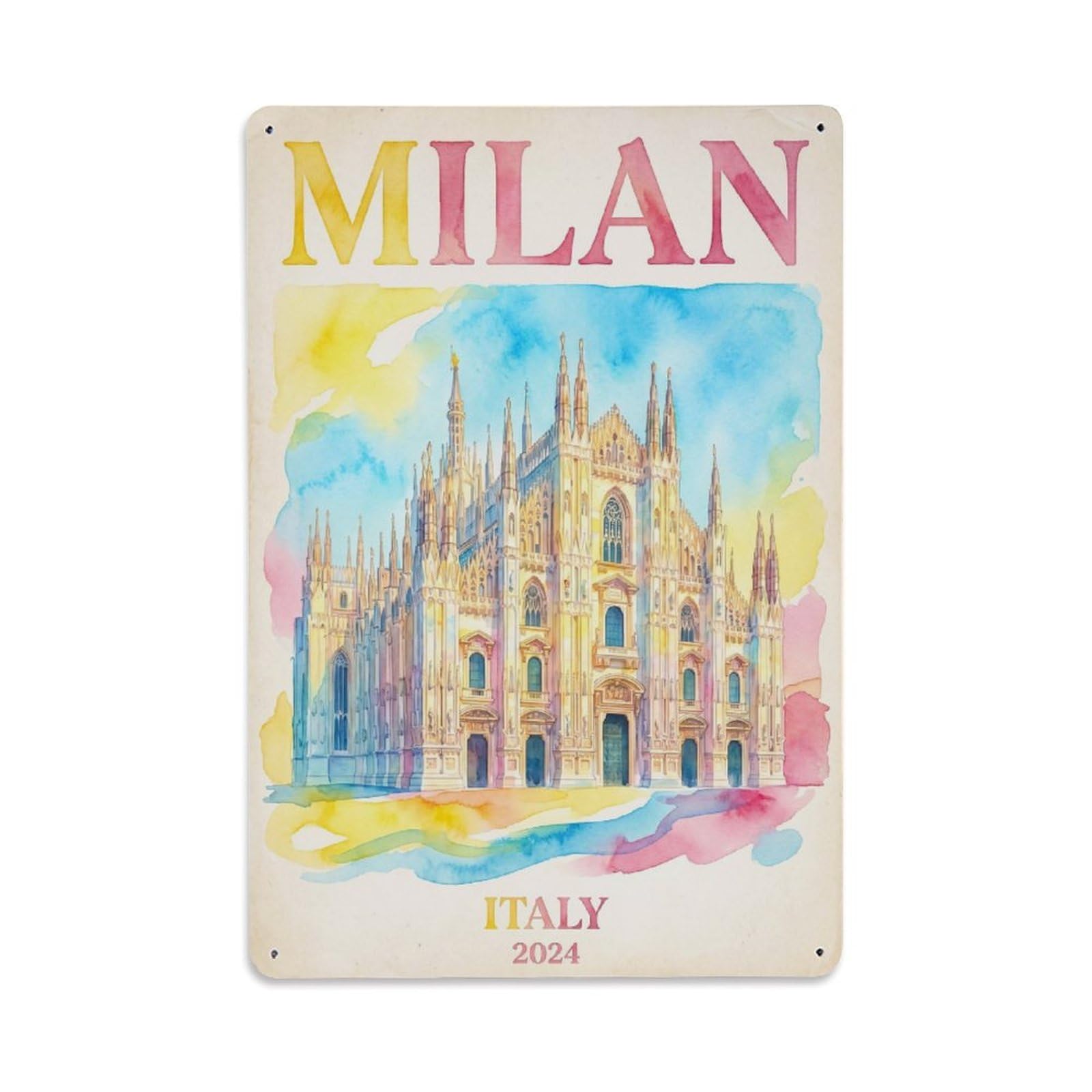 Olhnbad Style Historic Milan Italy Watercolor City Travel Metal Tin Sign