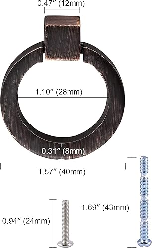Miniatura 2 de Pomo redondo para gabinete, paquete de 10 manijas de anillo de bronce aceitado, pomos de aleación de zinc, manijas de tocador de un solo orificio de