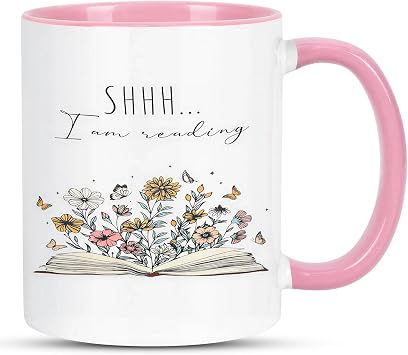 Book Mug, Pink White Ceramics Coffee Cup with Double-Sided Print Design, Durable Book Mugs for Book Lovers Women, Gift for Readers, Birthday Festival Reading Time