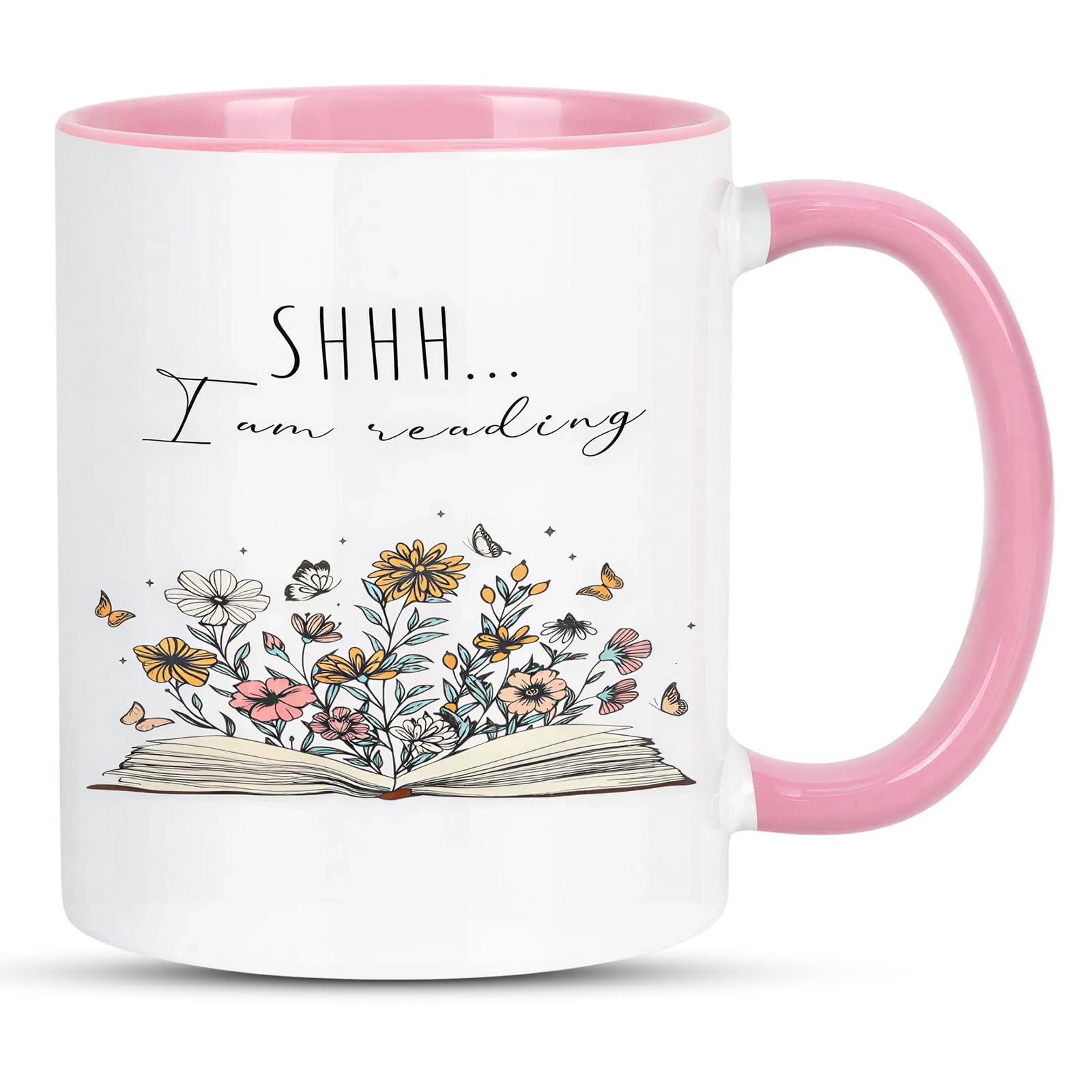 Clyrax Book Mug, Pink White Ceramics Coffee Cup with Double-Sided Print Design, Durable Book Mugs for Book Lovers Women, Gift for Readers, Birthday Festival Reading Time