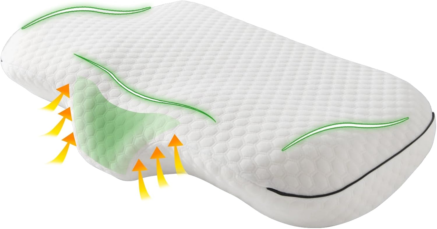 Memory Foam Contour Pillow for Neck Pain Relief, Ergonomic Cervical Neck Support Pillow for Back and Side Sleepers, Medium Firm Comfort for Deep Sleep with Breathable Washable Pillowcase