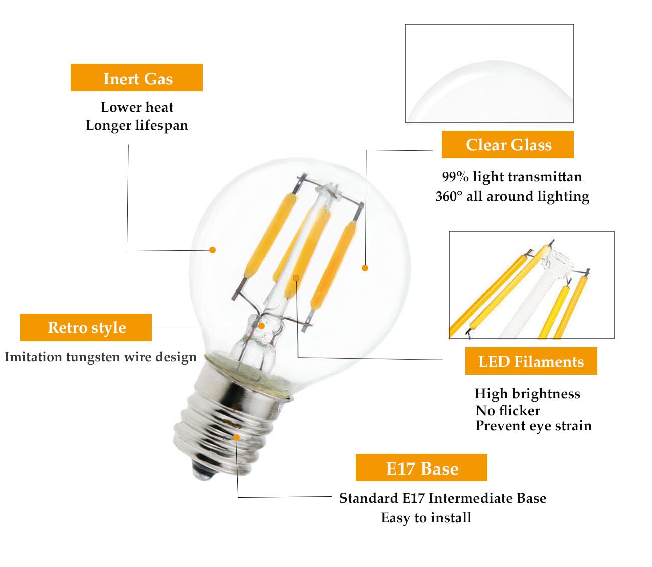 Paquete de 5 bombillas LED S11 E17 de base intermedia Edison Globe equivalentes a 40 W, luz diurna de 5000 K, 4 W para lámpara de noche, lámparas de lava, lámparas de purpurina no regulables 3
