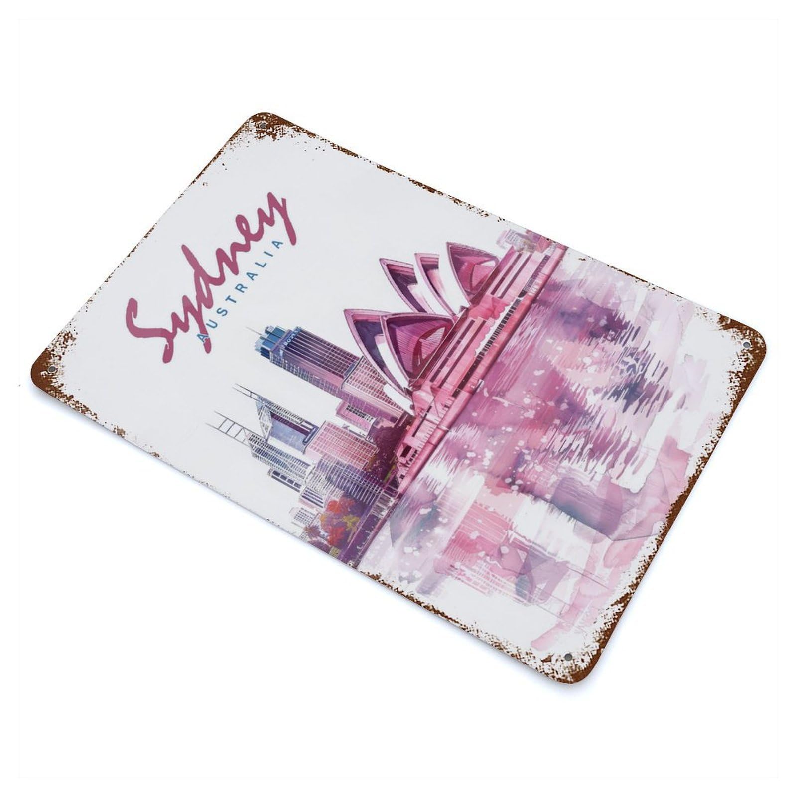 Vintage Metal Tin Sign with Sydney City Watercolor Design 11.8"x7.9", for Garage, Bar And Workshop Decor, Novelty Wall Decor