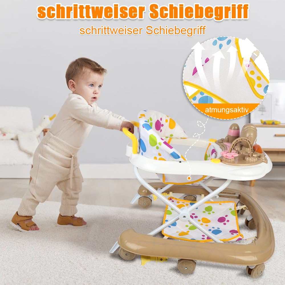 Compact Chats de l’Espace, Trotteur Bébé avec Siège à Rebond, Lumières, Musique et Jouets Interactifs, jusqu'à 20 kg, réglable, 6 Mois et Plus-62 * 68 * 36-81cm - Kaki