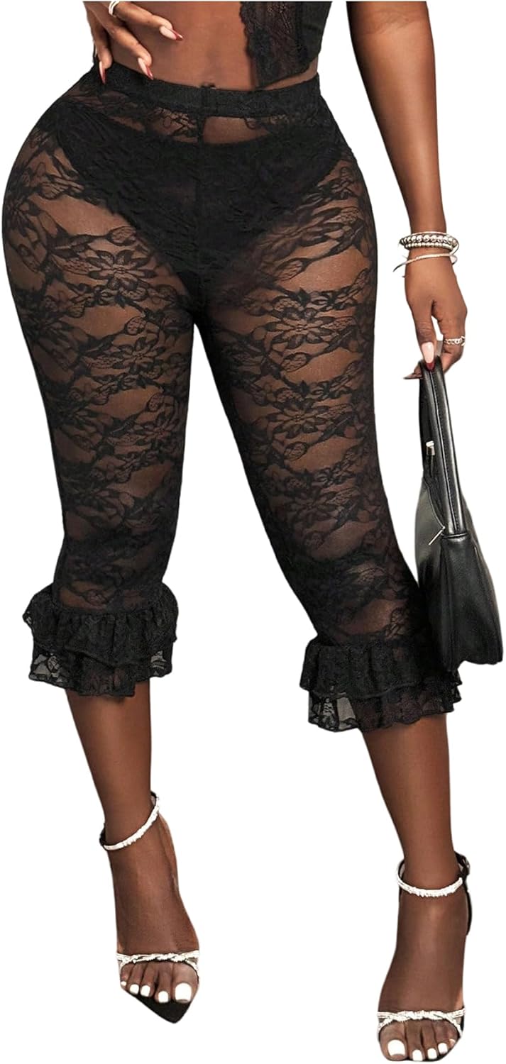 Milumia Women's Floral Lace Capri Leggings High Waisted Ruffled See Through Cropped Pants