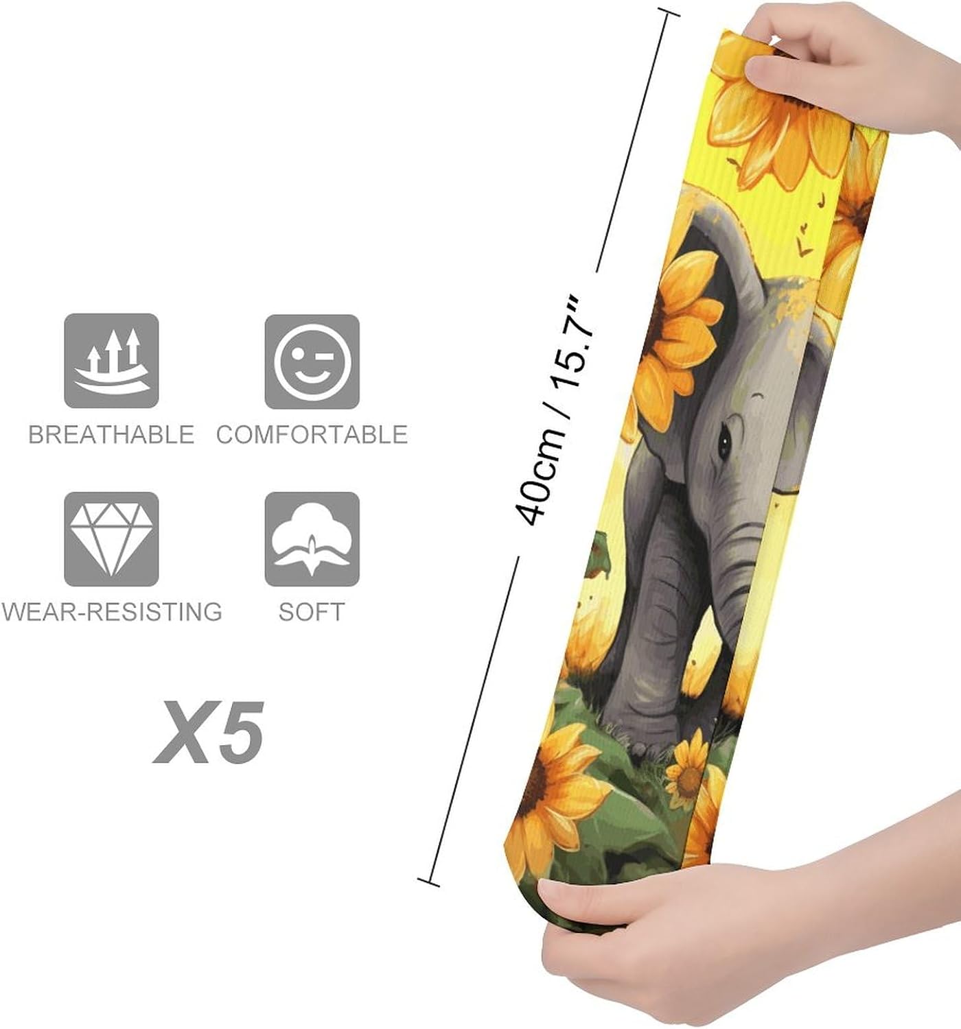 Super Value Fashion Large Chemical Fiber Men's And Women's Breathable Mother And Baby Elephant Sunflowers Printed Stockings 5 Pairs of Super Soft Non-binding Moisture Wicking Christmas Socks 15.7 in