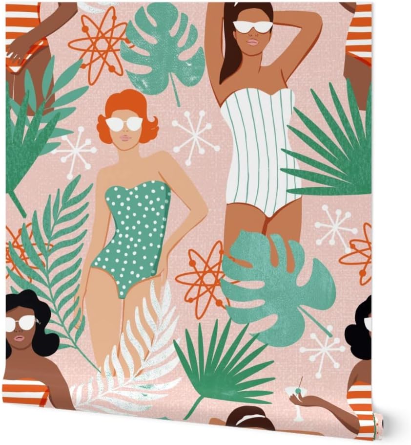 Spoonflower Peel & Stick Wallpaper 6ft x 2ft - Palm Summer Beach Feminine Women Girl Power Custom Removable Wallpaper