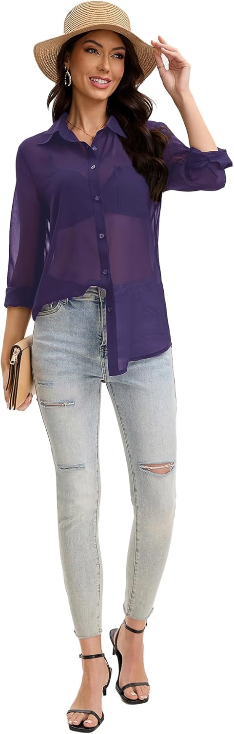 Women Sheer Mesh Button Up Shirt Long Sleeve Sexy See Through Tops Fashion Trendy Mesh Shirts Tops - Image 6