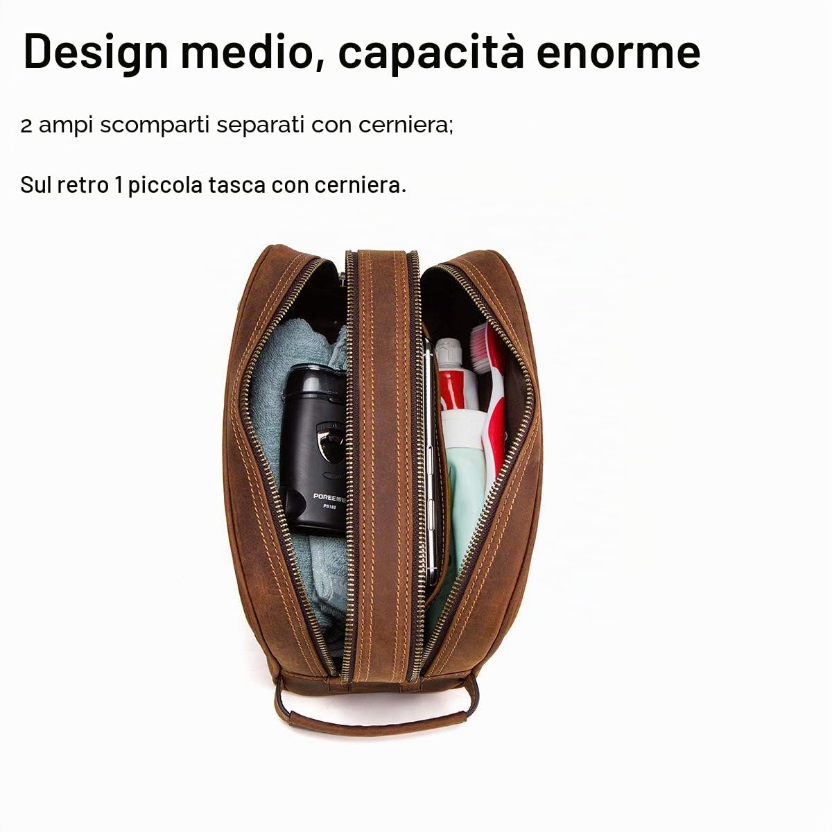 Contatti Uomo Borsa da Toilette Business Viaggio in Pelle di Mucca con Grande Capacità Doppia Cerniera