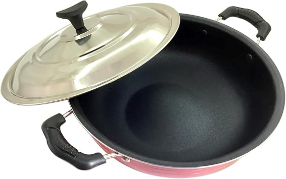 Non Stick Deep Frying Pan Mini Wok Kadai Stir Fry Pan Skillet Kadhai with SS Lid Indian Multipurpose Stewpot Skillet Saute With Stainless Steel Pakkad Combo Set of 2