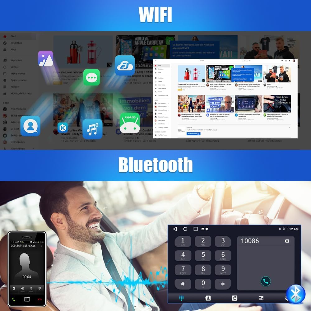 Screenshot showing WiFi internet browsing and a Bluetooth phone call interface on the car radio screen.