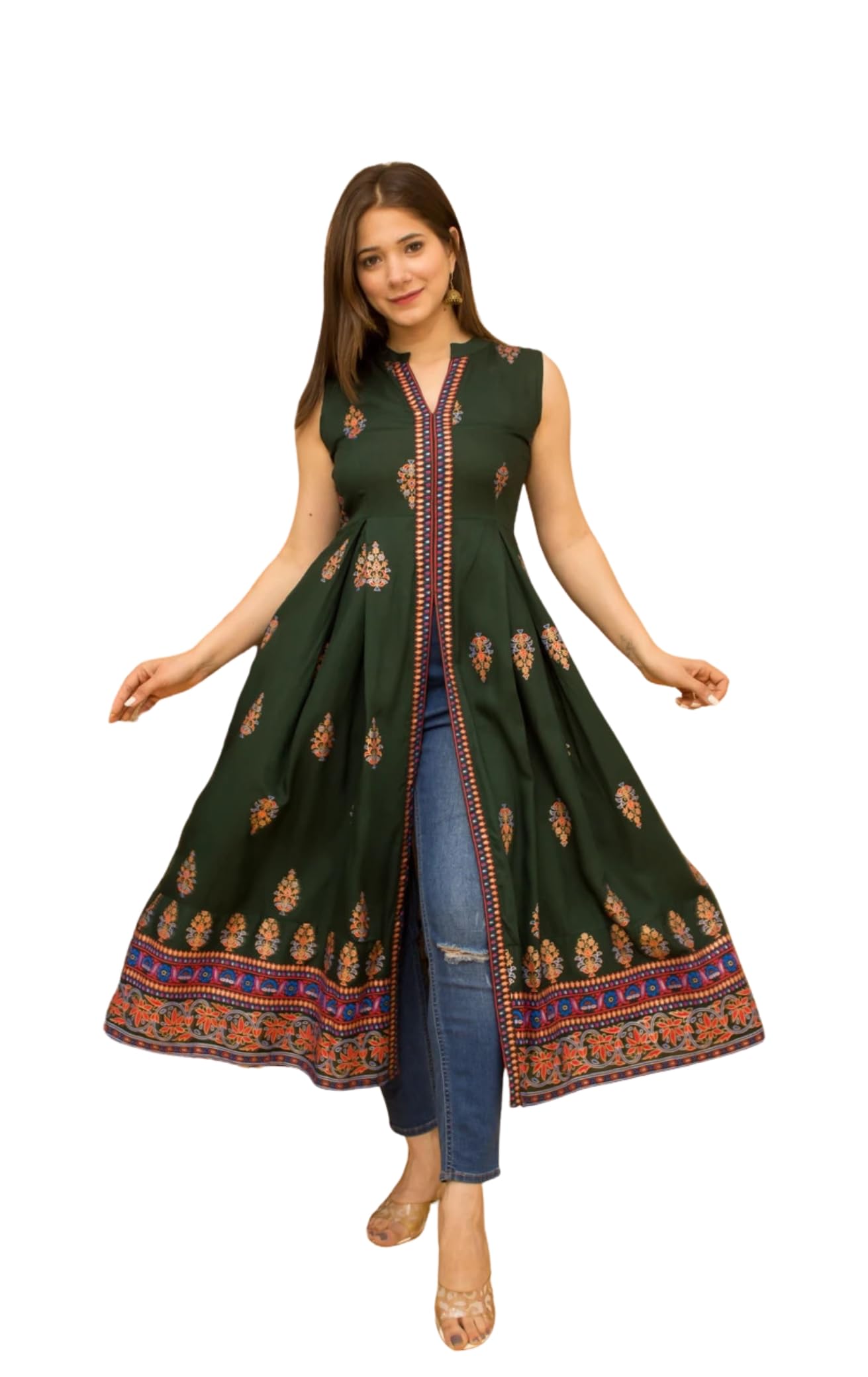 Women's Viscose Rayon Frontslit Kurta Sleeveless Front-Slit Long Kurti | Flared Ethnic/Longline Dress |-picture-18