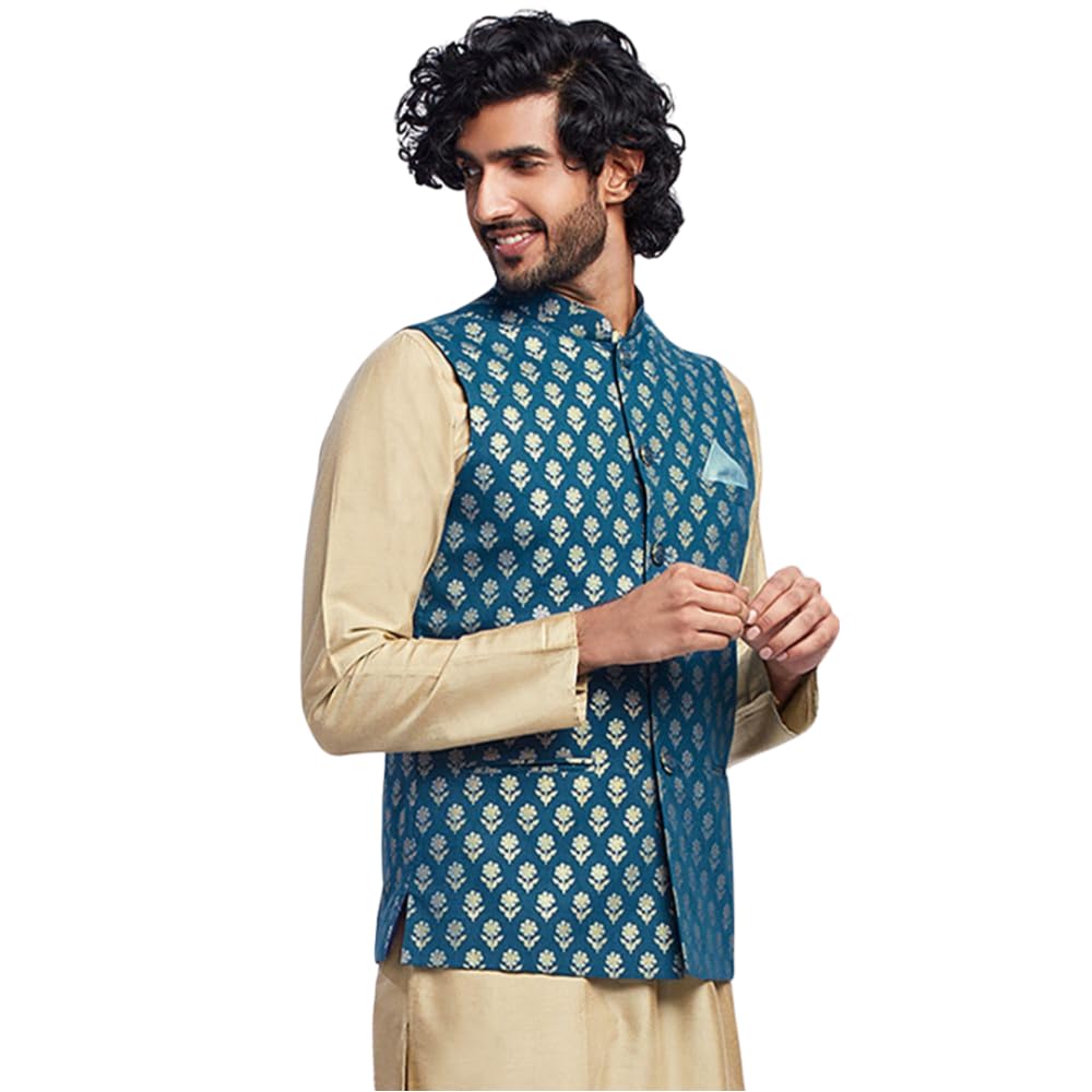 kisah Men's Nehru Jacket, Blue Pure Cotton, Printed Regular Fit Sleeveless Mandarin Collar-picture-15