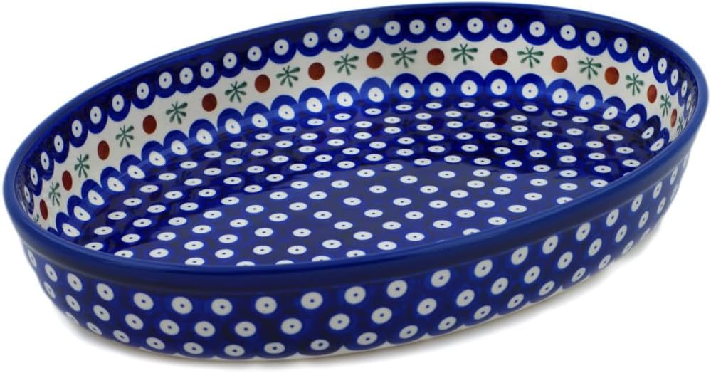 Polmedia Polish Pottery Authentic Polish Pottery Oval Baker 14-inch in Traditional Blue Mosquito Design Handmade in Bolesławiec Poland + Certificate of Authenticity