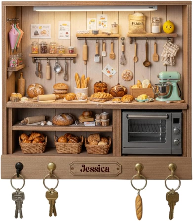 Bakery Wood Key Hanger - Personalized Gifts For Bakers Custom Name Sign Pastry Chef Kitchen Decor Wall Mount Organizer Hook Rack Cookie Cake Bread Maker Mom Grandma Housewarming Present Business