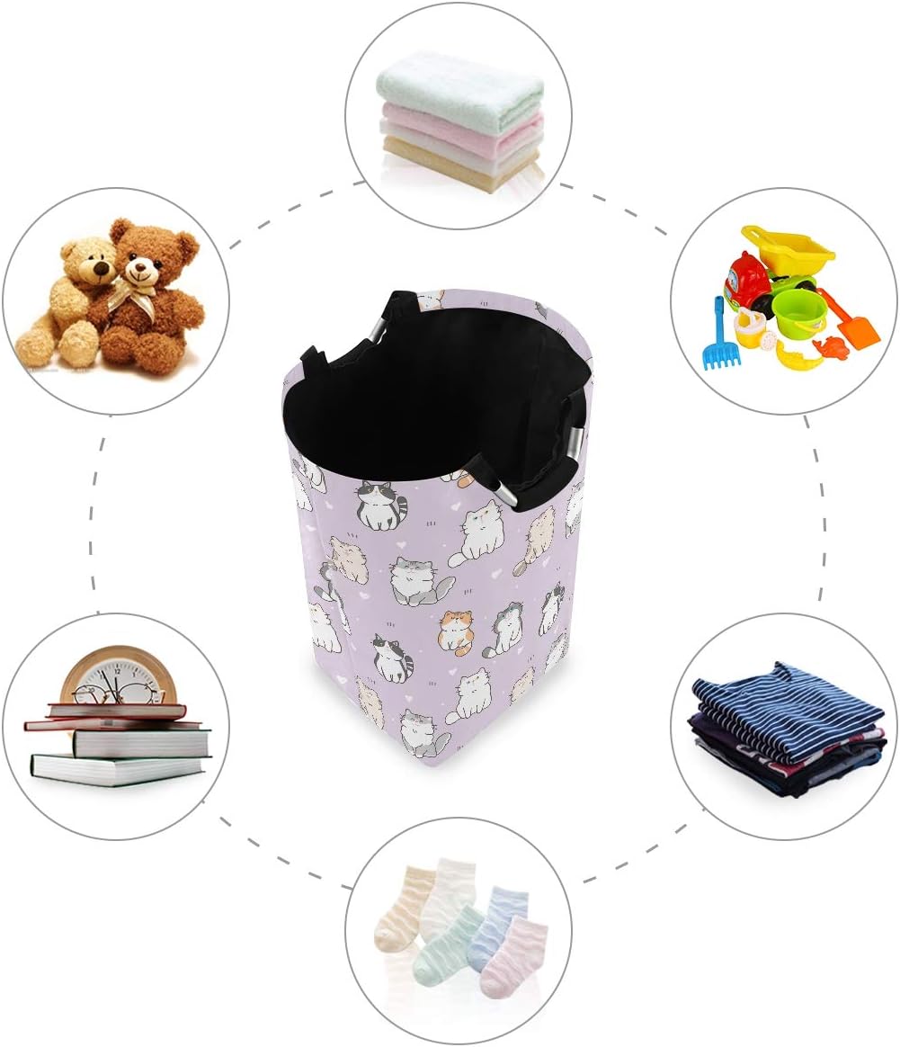 Qilmy Purple Cat Laundry Basket Collapsible Large Clothes Hamper Nursery Storage Bin with Handle for Bedroom, Bathroom, Dorm, Kids Room