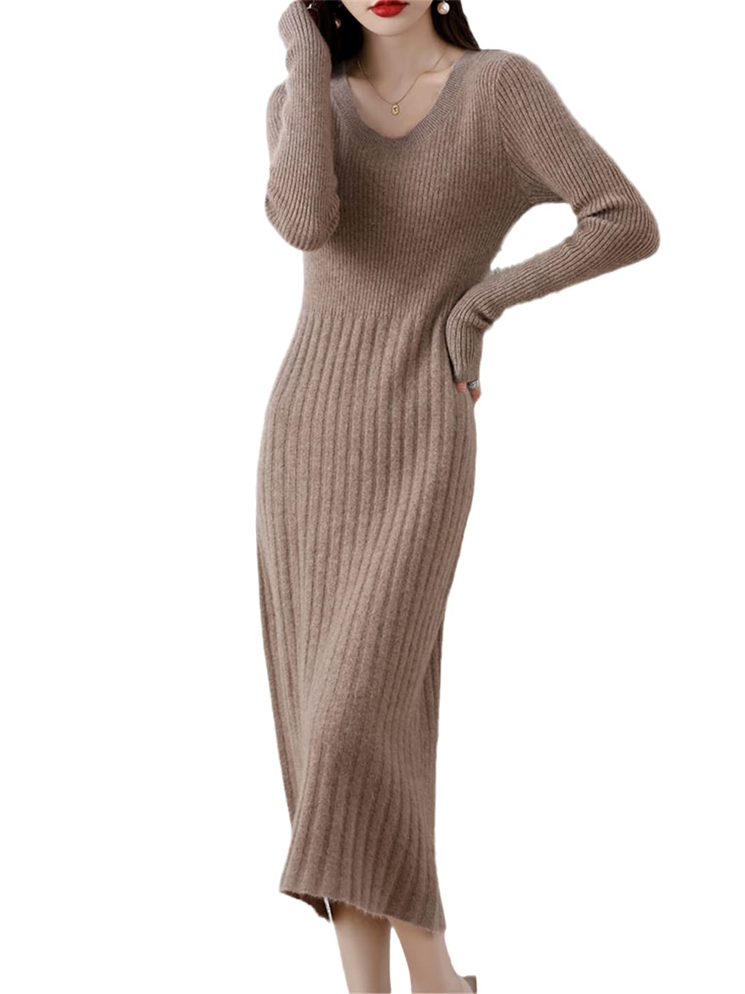 Disimlarl Robe décontractée pour femme 100 % laine mérinos, kaki, UK7 / 41EU / US8