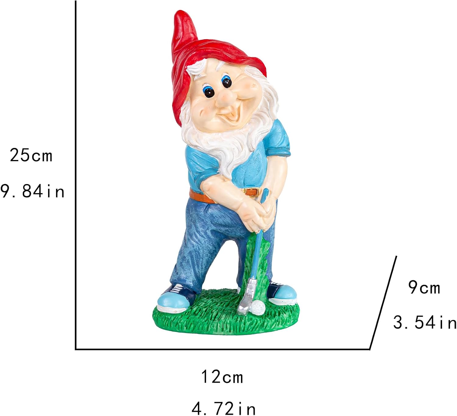 Garden Gnome Statue with Shovel, 9.84 inches Height, Blue Outfit, Red Hat, Outdoor Lawn Decoration