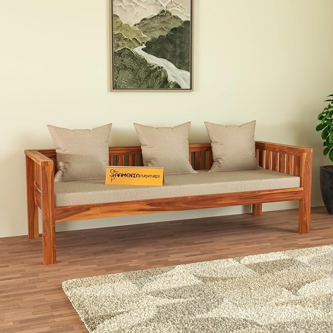 Image of Sheesham Wooden 3 Seater Sofa for Living Room | Rosewood 3 Seater Cushion Sofa Low Height | Solid Wood Sofa Set for Lounge (3 Seater,Honey)