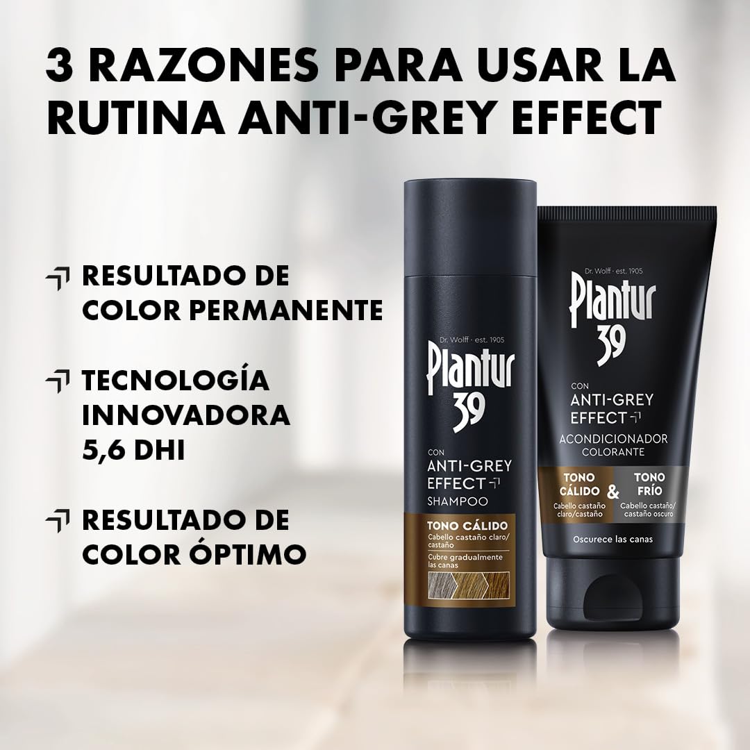 Plantur 39 Anti-Grey effect 5,6-DHI & Caffeine Shampoo Tono Cálido 200 ml + Acondicionador Colorante 150 ml | Cabello gradualmente más oscuro y fuerte | Disimula las canas de forma controlada