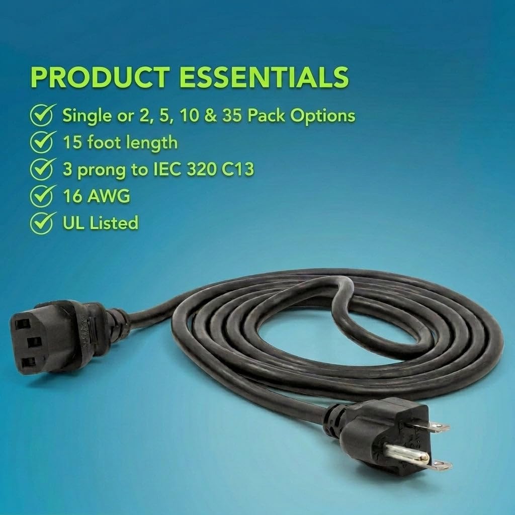 Rebuild Skills 16AWG 15FT 2PK - 16/3 Longer Length C13 Power Cord for Universal Computer Monitors, Printers, Scanners, Projectors, Powered Speakers, Stage Amplifiers, and Home Office