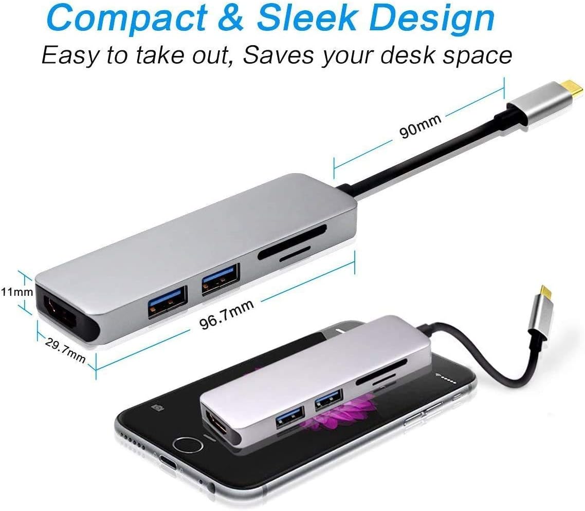 USB C Adapter for MacBook - 5 in 1 Type C Hub, USB C Dock with USB-C to 4K HDMI, 2 USB 3.0 Ports,SD&Micro SD Card Reader for MacBook Pro/Air/ Ipad/ Chromebook and Other USB C Port Devices