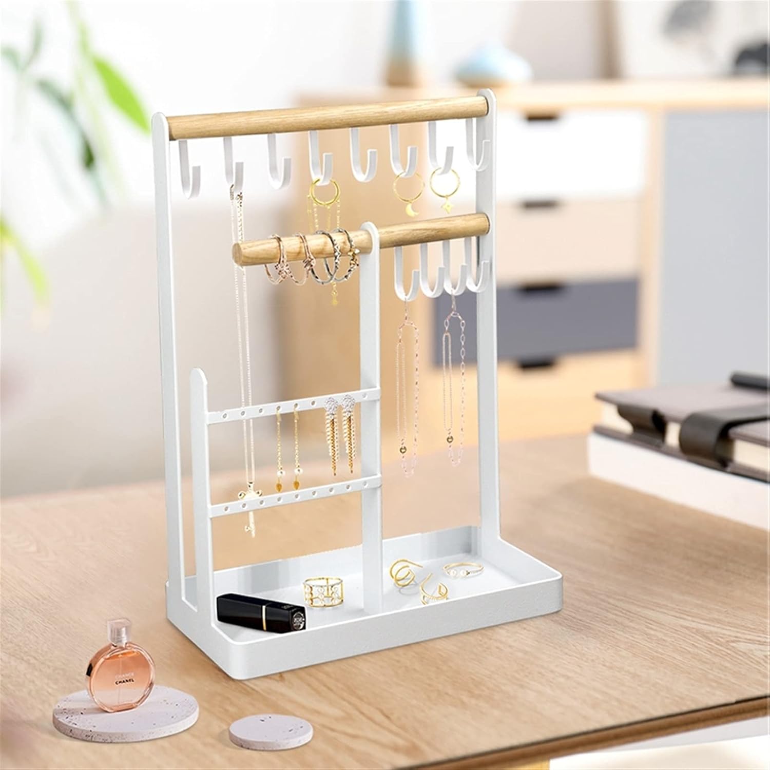 Storage Box Necklace Display Jewelry Stand Holder Necklace Hanging Wooden Ring Organizer Earring Tray 12 Hooks Storage Necklaces Bracelets Rings and Watches Jewelry Display