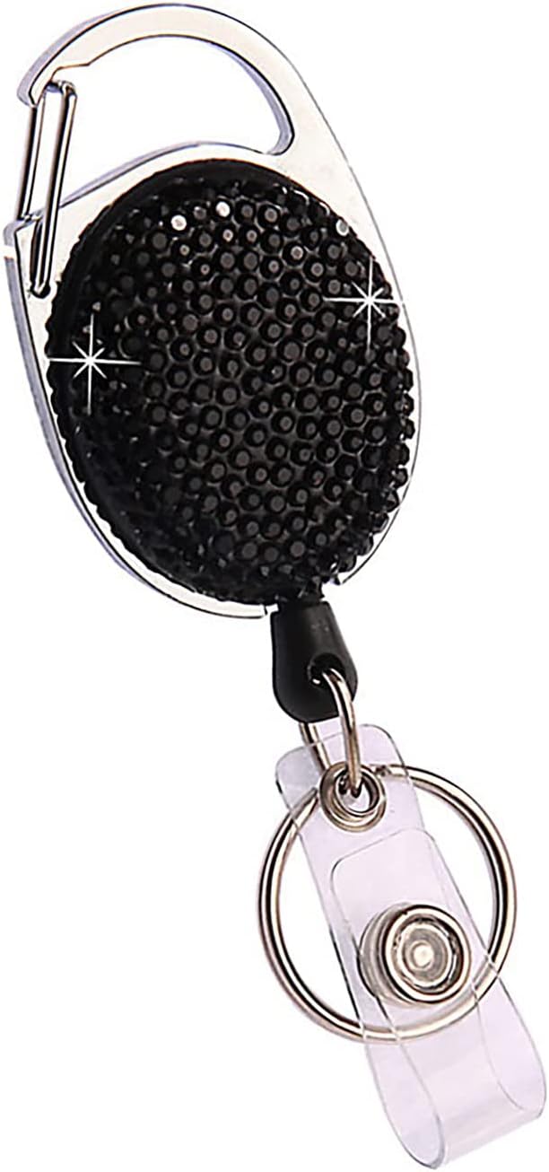 VIQWYIC 1 Pack Retractable ID Badge Holder with Clip, ID Name Badge Reels with Bling Rhinestones Retractable Card Holder for Office Worker Teacher Doctor (Black)
