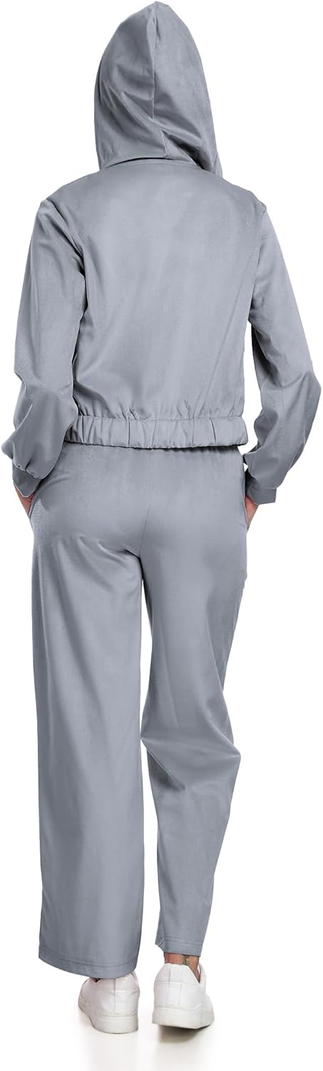 Womens Casual Velour Tracksuit Set Fall Sweatsuits 2 Piece Outfits Lounge Sets Full Zipper Hoodie Wide Leg Pants Set Grey 2XL - Image 4