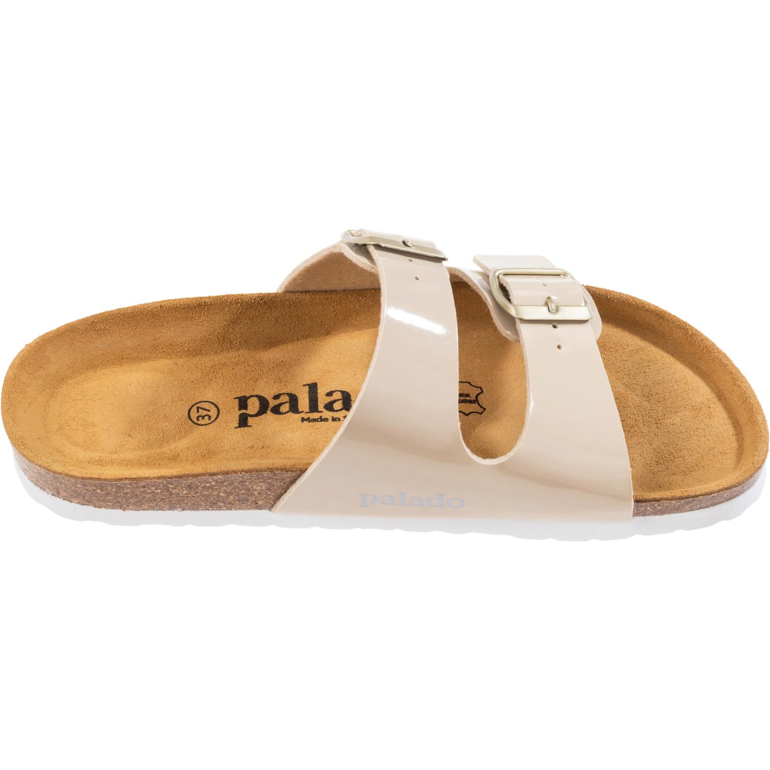 Palado Pantoletten Damen Milos Lack – elegante Sandalen Made in Spain - bequeme Hausschuhe mit Kork-Fußbett - modische Sommerschuhe