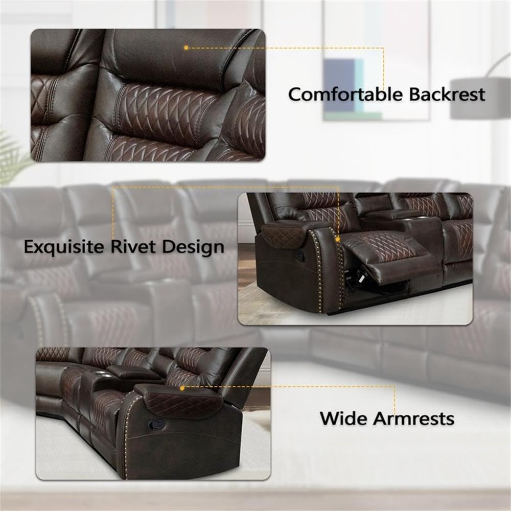Pemberly Row Manual Recliner Sectional Sofa Set, PU Leather, Brown Finish, L-Shaped Couch with Chaise Lounge, Cup Holders, Storage Box, Durable Living Room Furniture for Relaxation and Entertainment