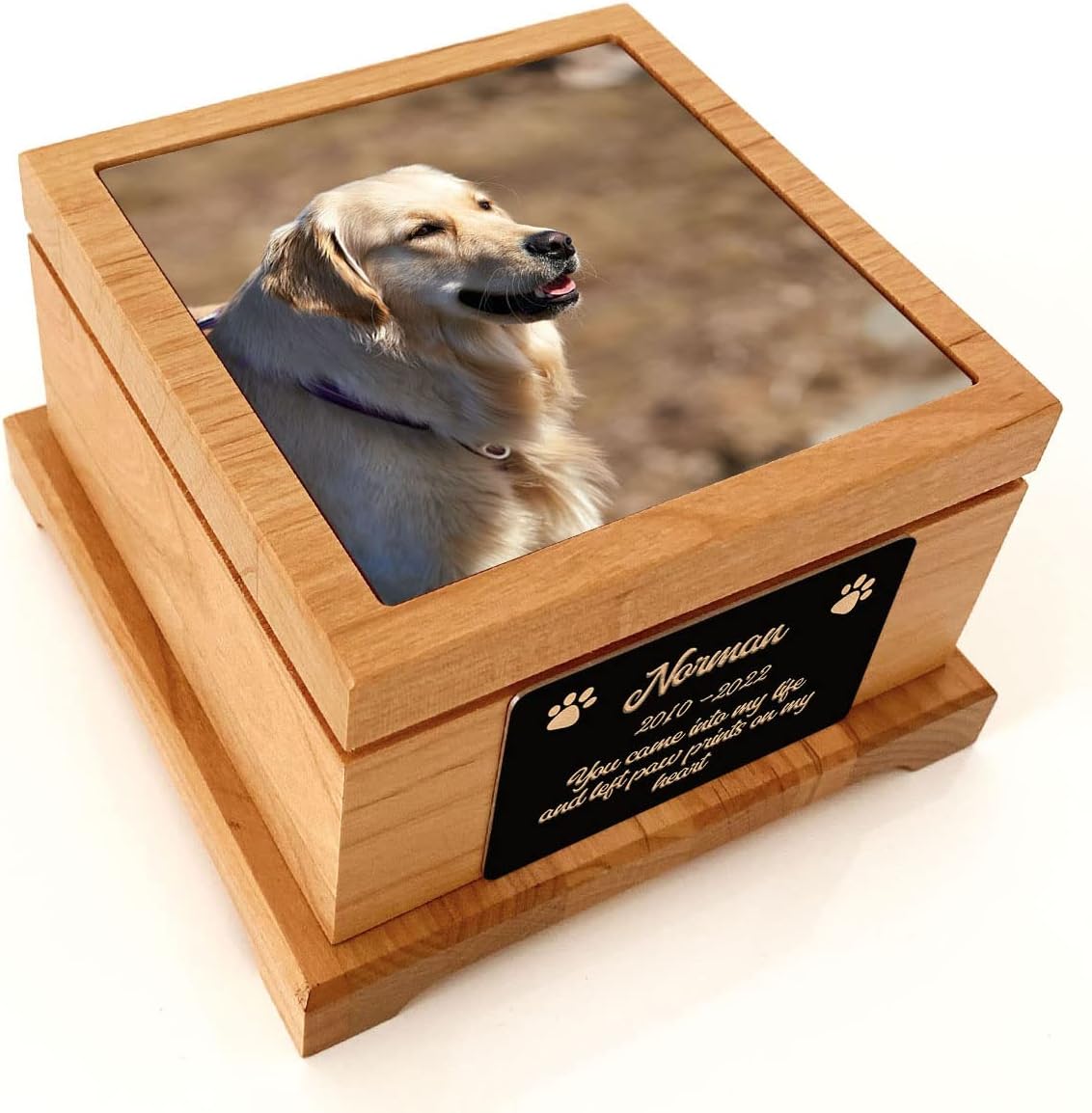 Smile Art Design Custom Wooden Pet Cremation Urn with Glossy Ceramic Photo Tile Name Plate Pet Memorial Urn for Pet Ashes Dog or Cat Personalized Memorial Gift Pet Loss Dog Remembrance Gift - Small