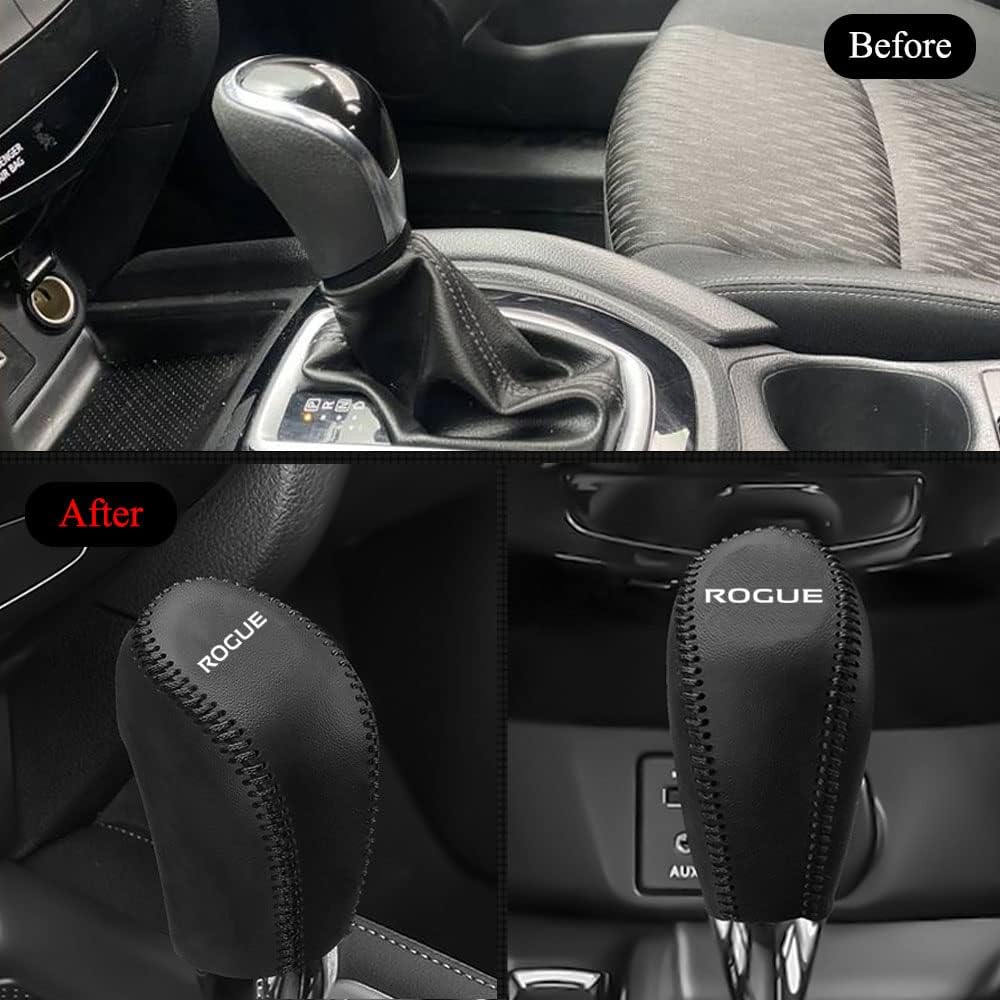 XITER Automatic Gear Shift Knob Cover Leather Boots Shift Lever Protector Trim for Nissan Rogue 2017-2020 Rogue Sport 2017-2022 Interior Accessories(Black Stitches)
