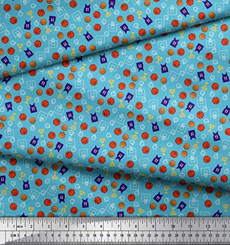 Soimoi Japan Crepe Satin Fabric Trophy,Timer Clock & Basketball Sports Decor Fabric Printed Yard 42 Inch Wide #TOP2