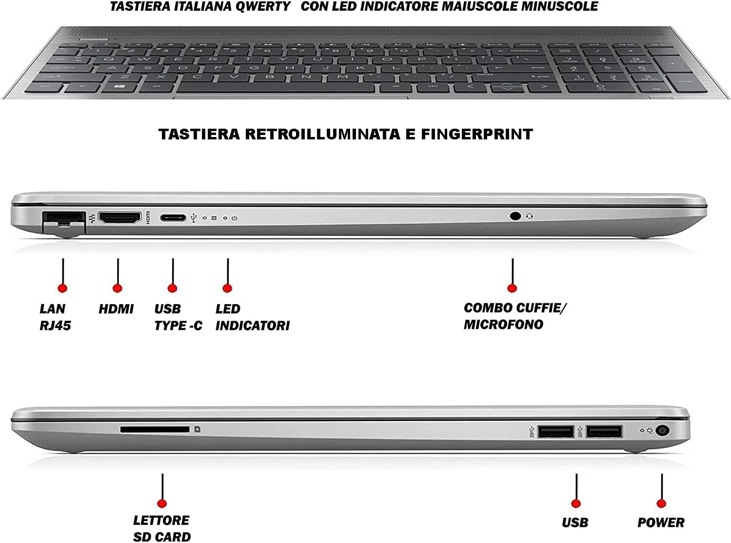 HP 250 G9 Notebook Ultra Silenzioso, RAM 16GB, SSD 512GB, Display FullHD 15.6, Intel N6000 4 Core da 3,3 GHz, tastiera retroilluminata, touch id, Win 11 Pro, Libre office, pronto Alluso, Gar. It